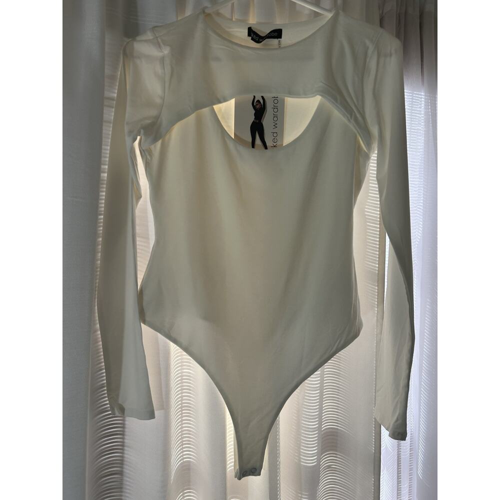 NWT-Naked Wardrobe Women's Ivory Cut-Out Long Sleeve Body Suit Size Large